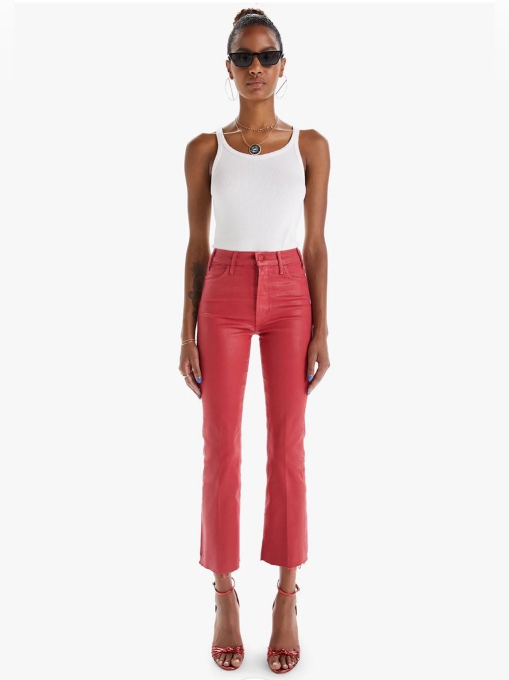 MOTHER The Hustler Ankle Fray Jeans New Year's Red Coated Sparkle Flare 26